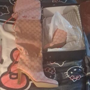 Gucci Pink Monogram Heeled Boots